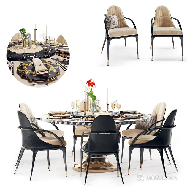 Modern Round Dining Table Set With Beige Black Chairs Flower Vase And Candlesticks 3d model