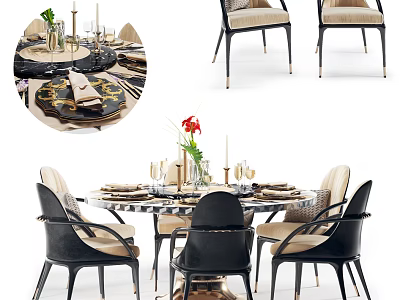 Modern Round Dining Table Set With Beige Black Chairs Flower Vase And Candlesticks 3d model