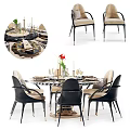 Modern Round Dining Table Set With Beige Black Chairs Flower Vase And Candlesticks 3d model