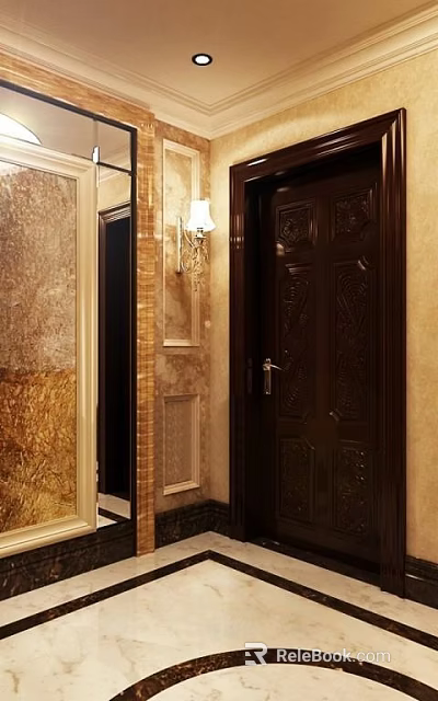 Dark Carved Swing Door In Luxurious Interior With Decorative Walls And Wall Sconce 3d model 