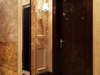Dark Carved Swing Door In Luxurious Interior With Decorative Walls And Wall Sconce 3d model