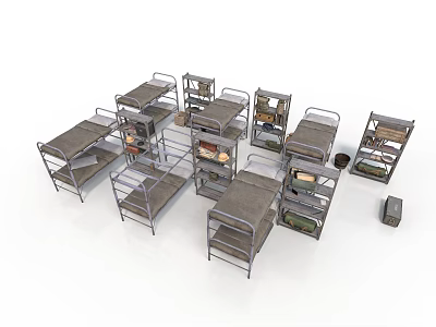 Modern Dormitory Interior With Multiple Bunk Beds And Storage Cabinets 3d model