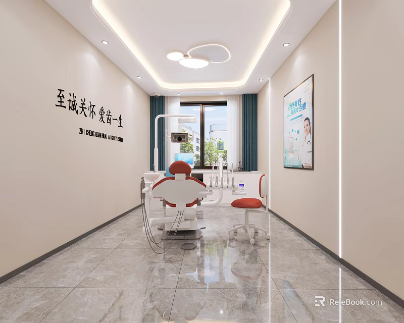 Dental Clinic Interior With Dental Chair Orange Chairs Window And Wall Poster 3d model 
