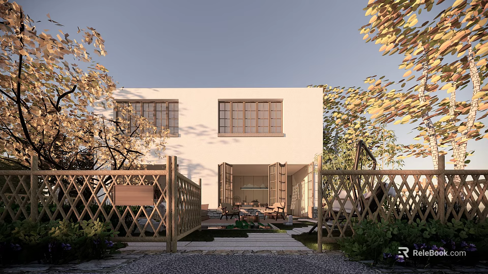 Modern White Detached Villa Exterior With Two Windows Trees Fence And Front Patio 3d model 