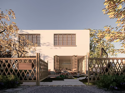 Modern White Detached Villa Exterior With Two Windows Trees Fence And Front Patio 3d model