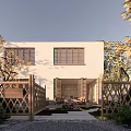 Modern White Detached Villa Exterior With Two Windows Trees Fence And Front Patio
