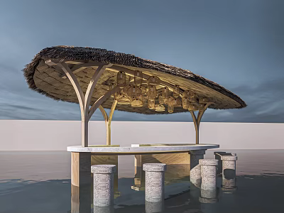 Rustic Thatched Roof Pavilion With Wooden Frame Stone Pillars And Bench Over Calm Water Surface 3d model