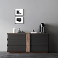 Modern Wooden Dresser with Coffee Machine Decorative Items and Framed Artworks in Living Room