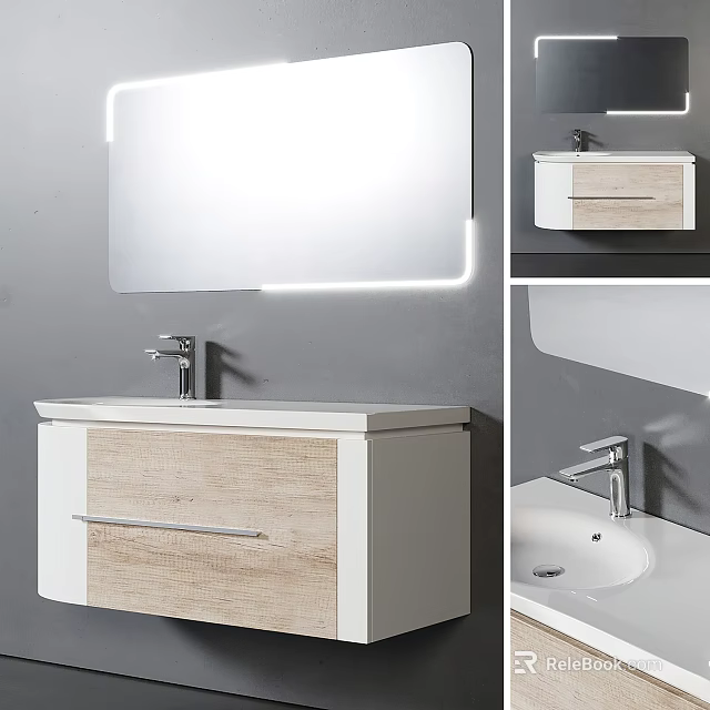 Modern Bathroom Sink Vanity With Wood And White Cabinet And Illuminated Mirror 3d model 