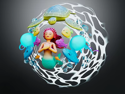 Enchanting Mermaid Character In Hollow Sphere With Turtle Fish Bubbles And Octopus 3d model