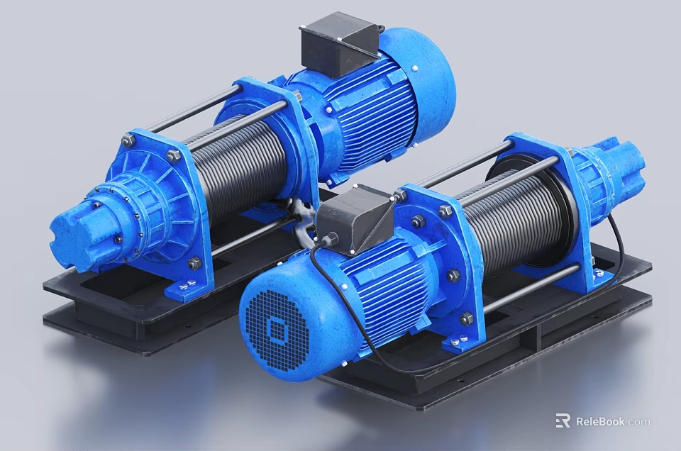 Two Blue Industrial Electric Winches With Steel Drums And Stable Bases 3d model 