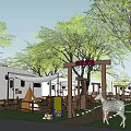 Garden Landscape With RV Awning Wooden Fence Trees Pathway And Lanterns