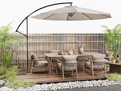 Outdoor Table With Chairs And Umbrella Near Bamboo Fence Green Plants Pebbles Wooden Deck 3d model