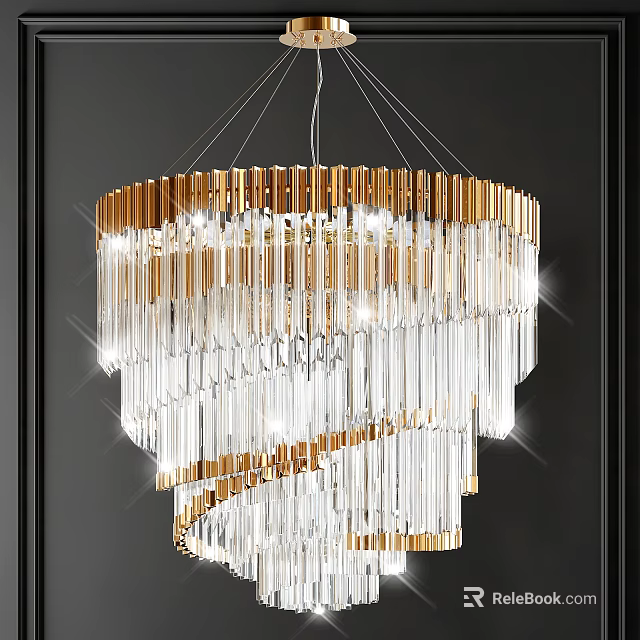 Luxurious Modern Crystal Chandelier With Golden Frame And Transparent Crystal Strips Hanging Design 3d model 