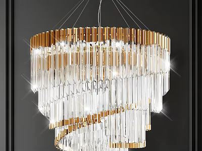 Luxurious Modern Crystal Chandelier With Golden Frame And Transparent Crystal Strips Hanging Design 3d model