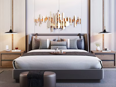 Modern Style Double Bed With Upholstered Headboard Bedside Tables And Decorative Wall Art 3d model