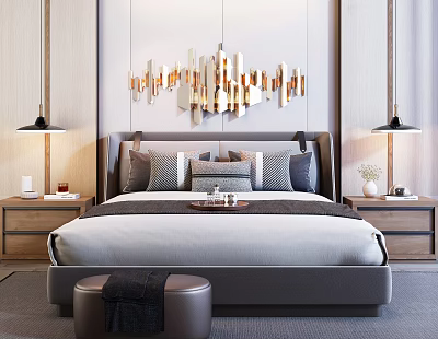 Modern Style Double Bed With Upholstered Headboard Bedside Tables And Decorative Wall Art 3d model