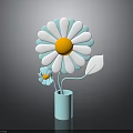 White and Light Blue Petal Flower with Yellow Center and Leaf in Light Blue Vase