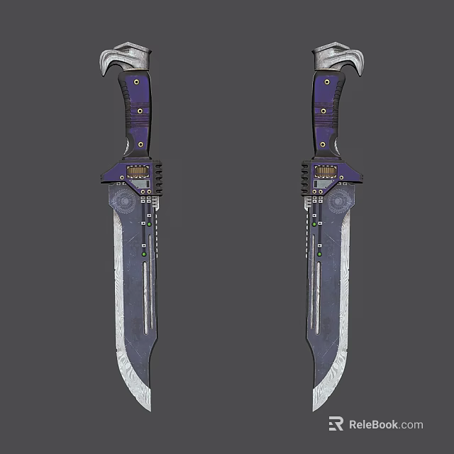 Twin Knives With Purple Handles Silver Blades And Decorative Metallic Details 3d model 