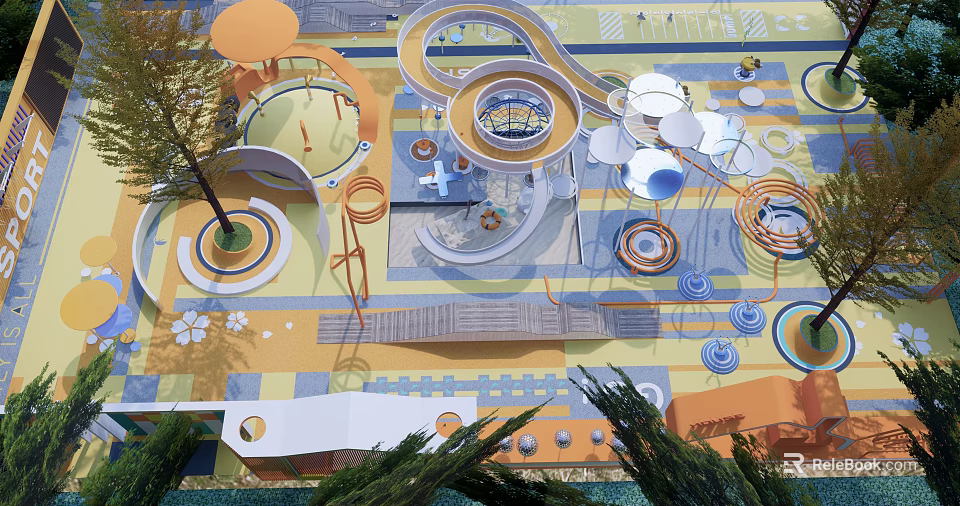Vibrant Kids Playground With Circular Tracks Colorful Ground Slides Climbing Structures And Trees 3d model 