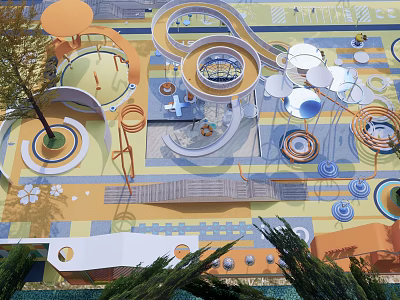 Vibrant Kids Playground With Circular Tracks Colorful Ground Slides Climbing Structures And Trees 3d model