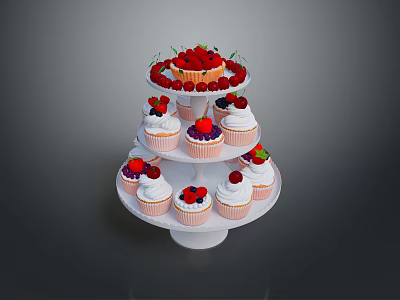 Three Tier Cupcake Stand With Fresh Strawberries And Cream Topped Cupcakes 3d model