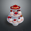 Three Tier Cupcake Stand With Fresh Strawberries And Cream Topped Cupcakes