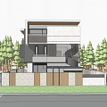 Modern Detached Villa With Layered Design Balcony Brick Exterior And Green Trees