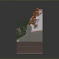 Cartoon Scene Featuring 3D Structure With Orange Roofed Towers Pine Trees And Waterfalls