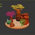 3D Model Plants Scene with Red Trunks Yellow Leaves Green Cacti and Red Rocks