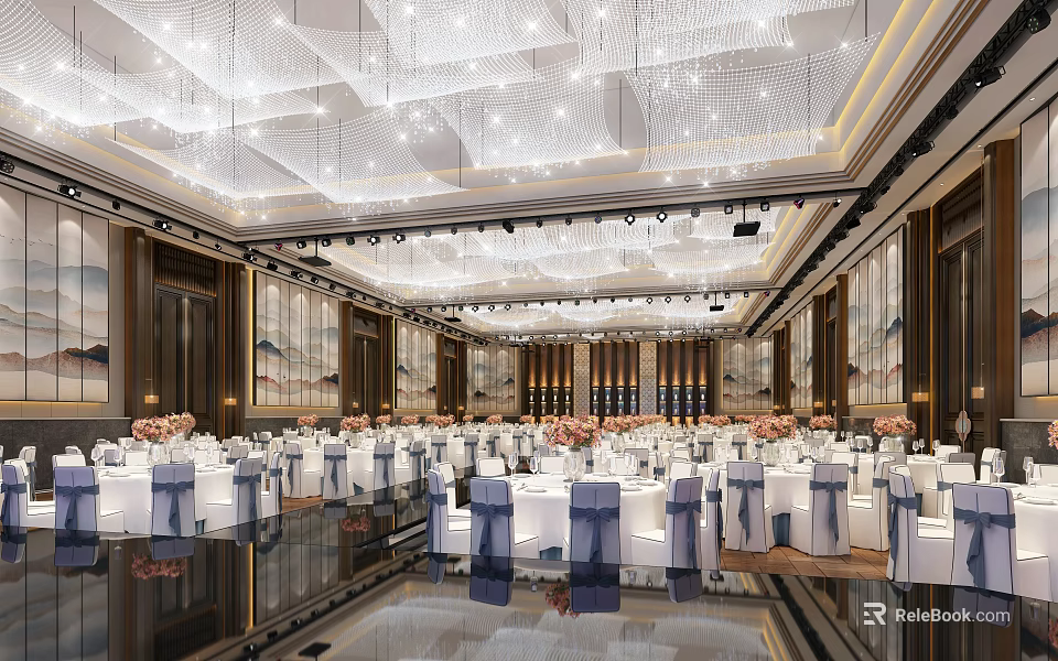 Elegant Banquet Hall Interior Design With Crystal Chandelier Ceiling Shiny Floor And Arranged Tables 3d model 
