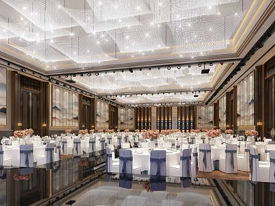 Elegant Banquet Hall Interior Design With Crystal Chandelier Ceiling Shiny Floor And Arranged Tables 3d model