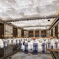 Elegant Banquet Hall Interior Design With Crystal Chandelier Ceiling Shiny Floor And Arranged Tables