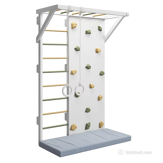 Outdoor Playground Play Equipment With Climbing Wall Ladder Rungs Gymnastic Rings And Wooden Platform 3d model 