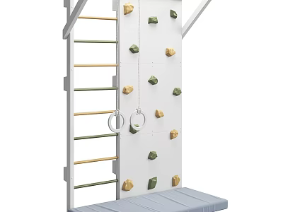 Outdoor Playground Play Equipment With Climbing Wall Ladder Rungs Gymnastic Rings And Wooden Platform 3d model