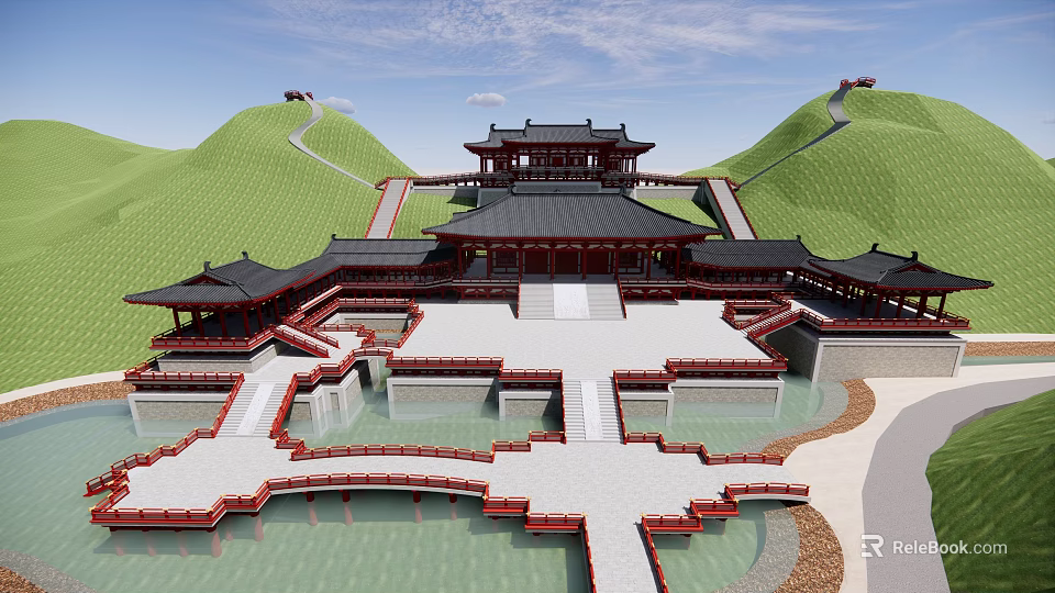 Traditional Chinese Ancient Architecture With Multi Tiered Roofs Courtyard Bridges And Green Hills 3d model 