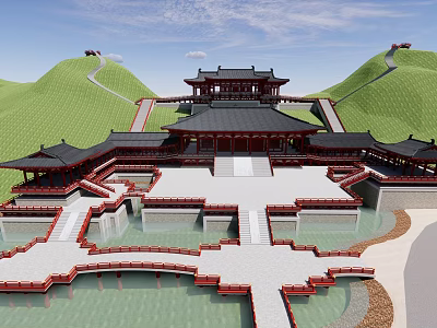 Traditional Chinese Ancient Architecture With Multi Tiered Roofs Courtyard Bridges And Green Hills 3d model
