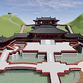 Traditional Chinese Ancient Architecture With Multi Tiered Roofs Courtyard Bridges And Green Hills