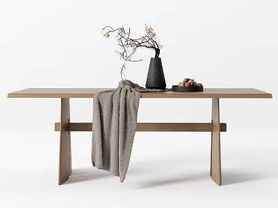 Simple Wooden Dining Table With Black Vase Branches Gray Blanket And Nut Plate 3d model
