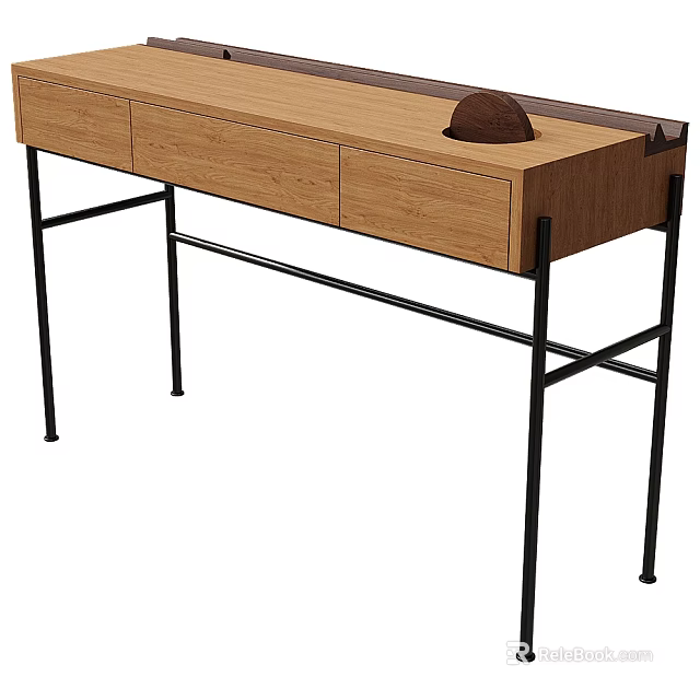 Modern Dressing Table With Wooden Top Drawers And Black Metal Legs With Brown Hat 3d model 