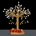 Decorative Wooden Tree With White Spherical Ornaments Golden Hanging Decorations And Gift Boxes At Base
