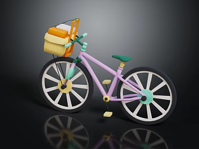 Stylish Purple Bicycle With Yellow Basket Green Seat And Colorful Wheels 3d model