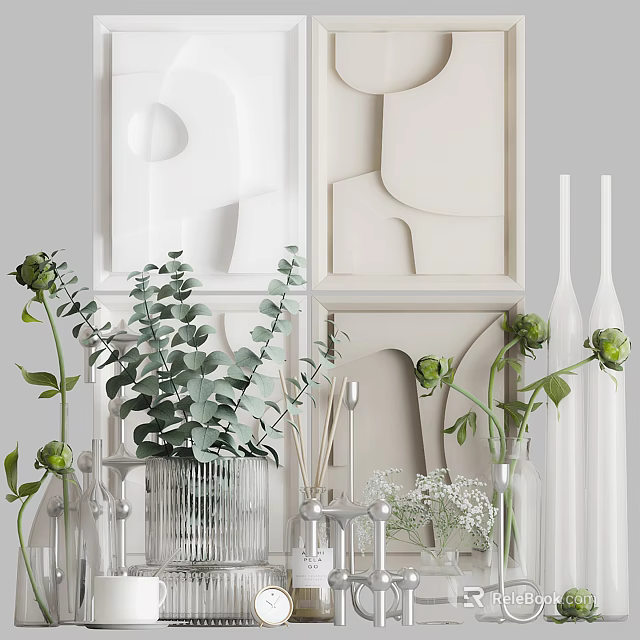 Modern Ornamental Decor Collection with Green Plants Glass Vases Geometric Wall Art and Candleholders 3d model 