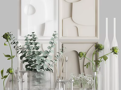 Modern Ornamental Decor Collection with Green Plants Glass Vases Geometric Wall Art and Candleholders 3d model