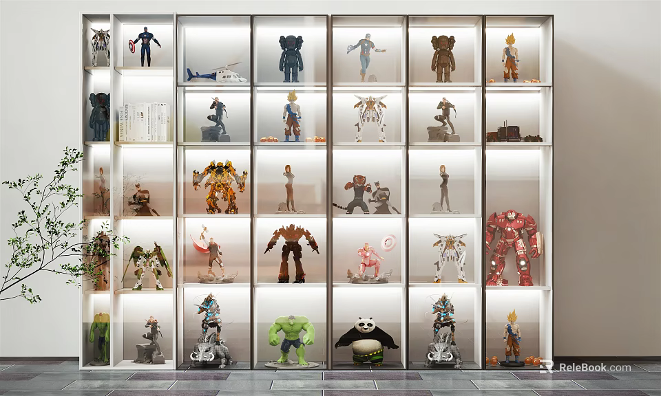Modern Display Cabinet With Transparent Glass Doors Built In Lighting And Various Figurines 3d model 