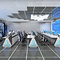 Modern Office Workdesks With Multiple Monitors Tech Background Large Screen And Data Charts 3d model