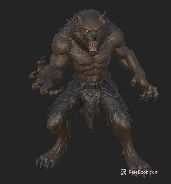 Game Movie Character Muscular Werewolf With Sharp Fangs Clawed Hands And Tattered Pants 3d model 