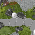 Flowers And Plants In Natural Garden With Green Mossy Ground Stones And Glowing White Orbs