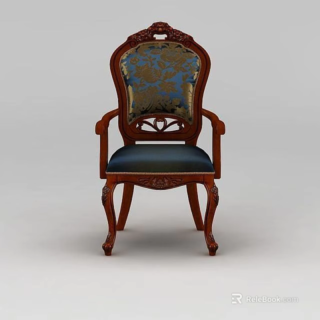 Tech Exhibition Hall Displaying Vintage Wooden Armchair With Blue Cushion And Carved Back 3d model 