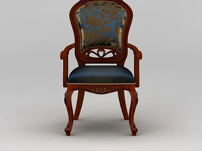 Tech Exhibition Hall Displaying Vintage Wooden Armchair With Blue Cushion And Carved Back 3d model